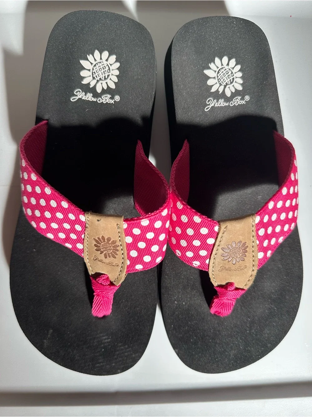 Yellow Box Pink Polka Dot Flip Flop Sandals with Tan Accents - Picture 1 of 3